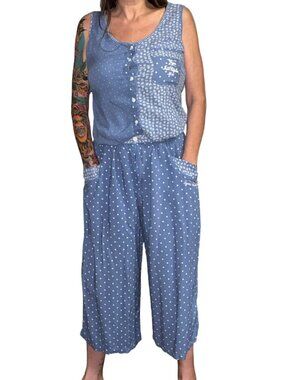 Sz.M*VOYOU*2 Pc.Blue/White Floral-Polka-Dot Pants Set